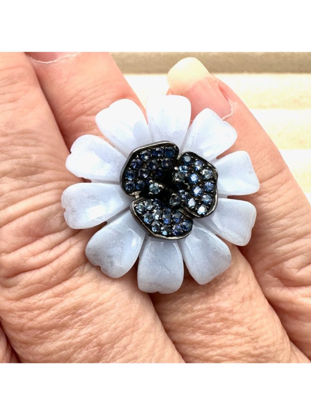 Carlo Viani LeVian Ring Blue Chalcedony Sapphire Sterling Silver Flower Size 6